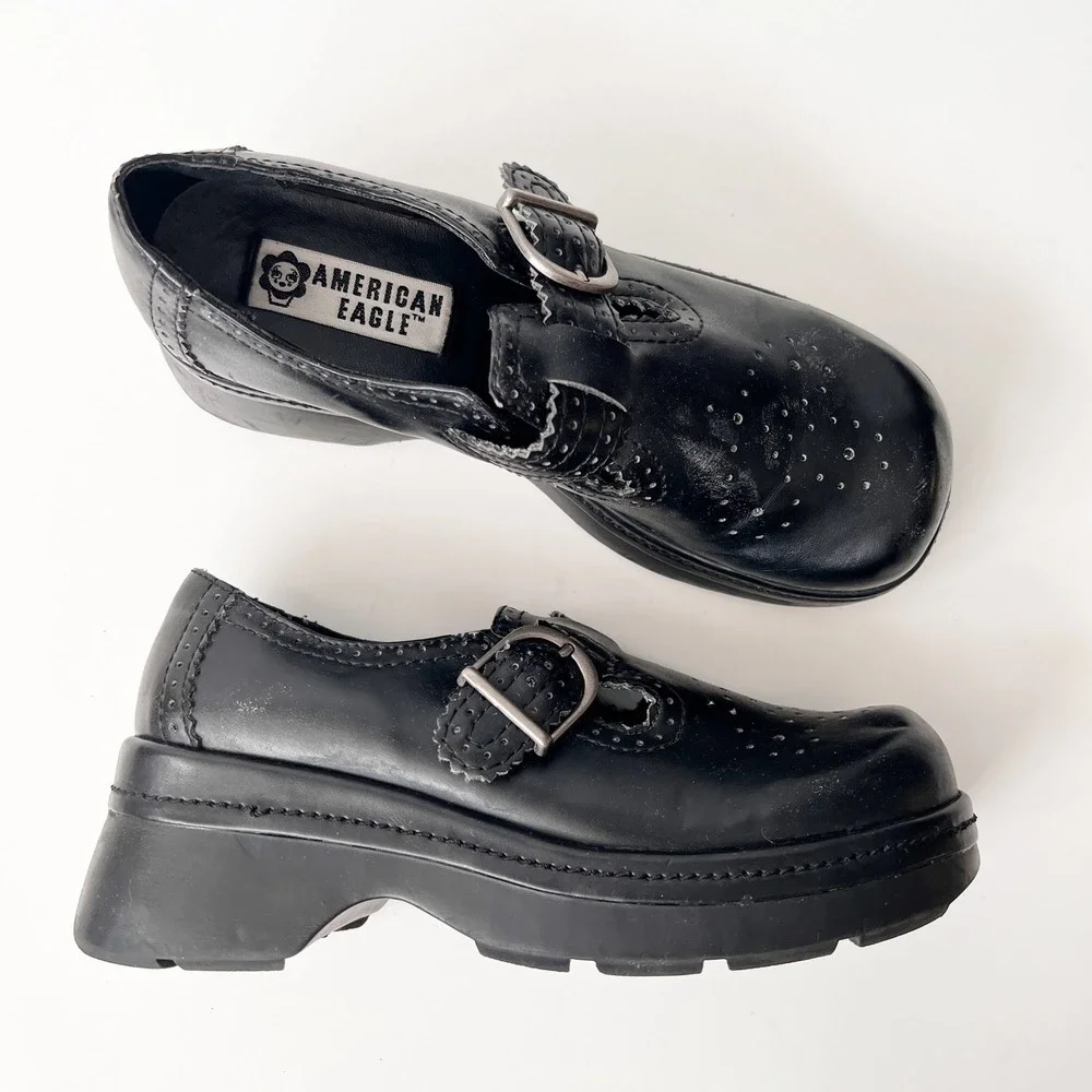 Vintage Chunky Mary Janes Platform Shoes 6.5 Black Leather Lug Sole Goth Y2K